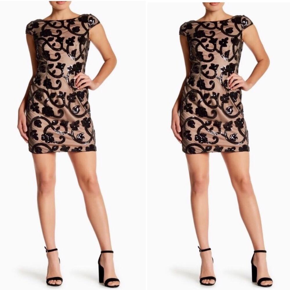 NWT Adrianna Papell Nude and Black Sequin Bodycon Dress